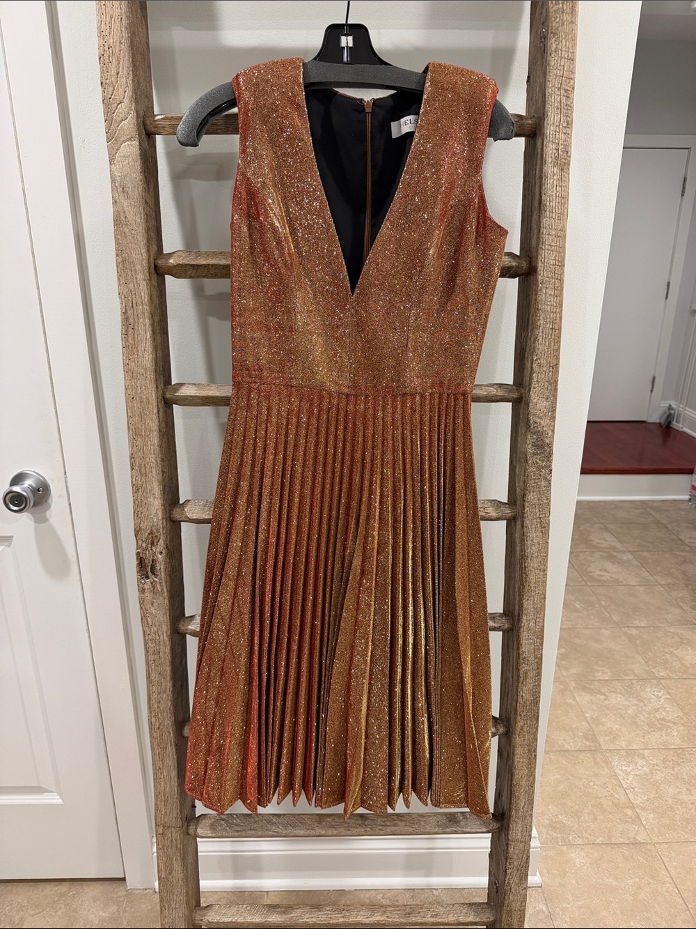 Helsi Sleeveless Metallic Gold/Copper Pleated V-Neck Dress, Size S